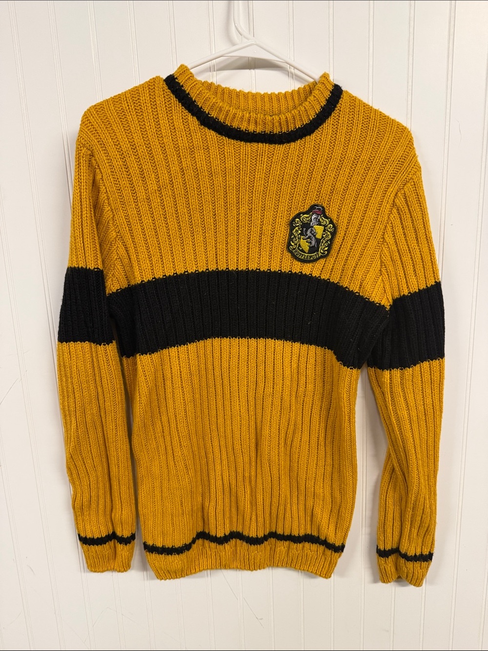Men's Crewneck Ribbed Sweater in Mustard Yellow with Black Stripe